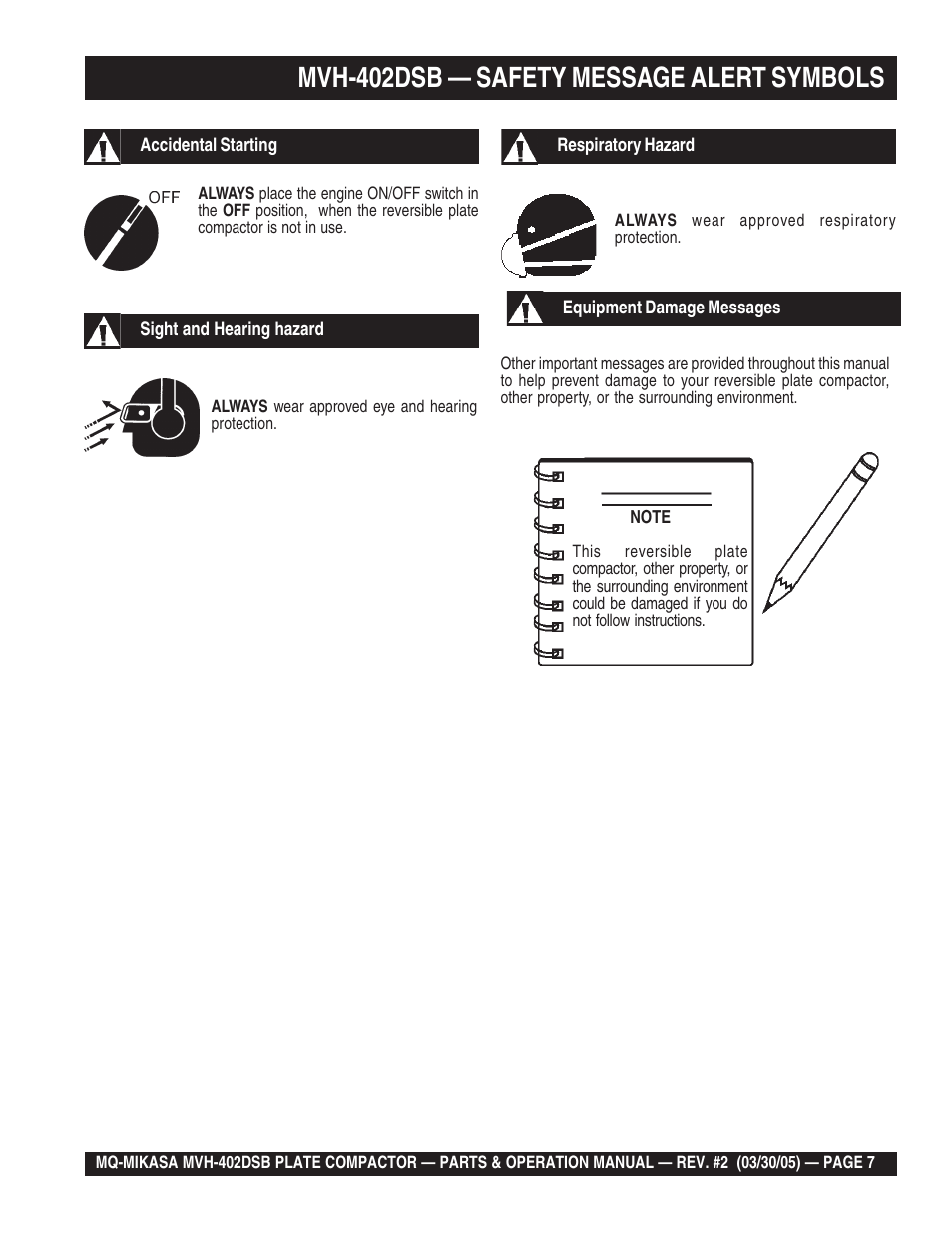 Mvh-402dsb — safety message alert symbols | Multiquip Mikasa Reversible Plate Compactor MVH-402DSB User Manual | Page 7 / 70