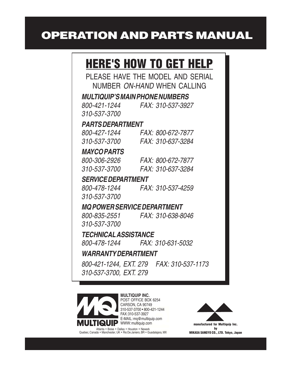 Here's how to get help, Operation and parts manual | Multiquip Mikasa Reversible Plate Compactor MVH-402DSB User Manual | Page 70 / 70