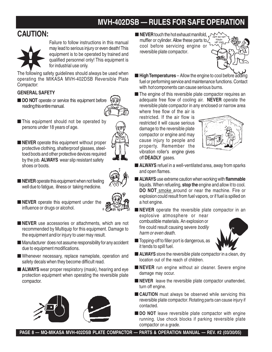 Mvh-402dsb — rules for safe operation, Caution | Multiquip Mikasa Reversible Plate Compactor MVH-402DSB User Manual | Page 8 / 70