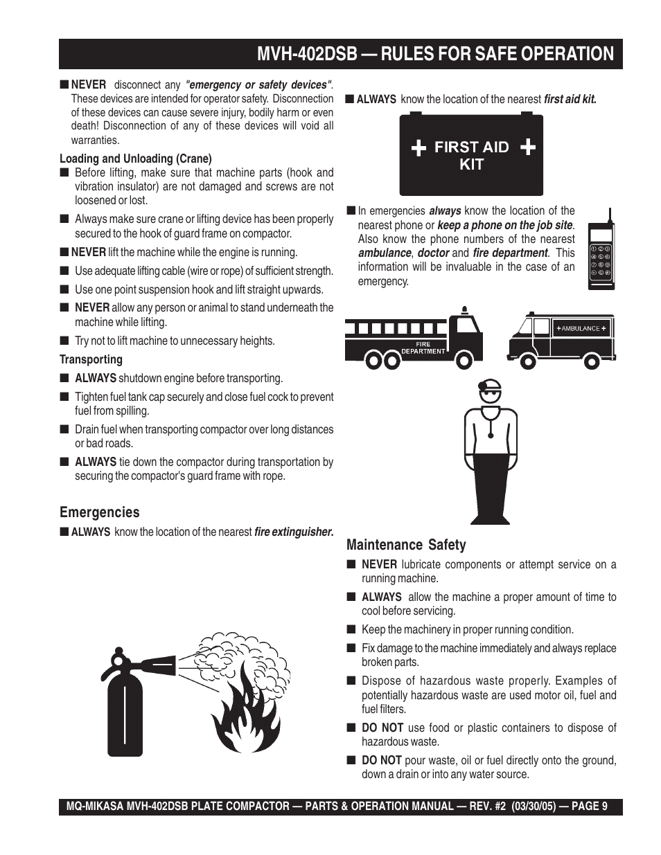 Mvh-402dsb — rules for safe operation, Emergencies, Maintenance safety | Multiquip Mikasa Reversible Plate Compactor MVH-402DSB User Manual | Page 9 / 70