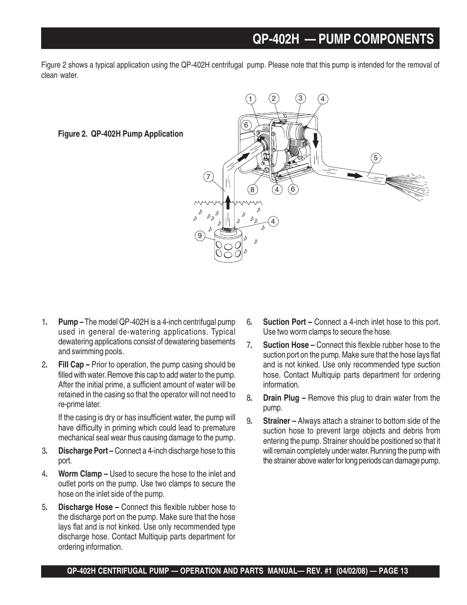 Qp-402h — pump components | Multiquip MQ Multiquip Centrifugal Pump qp-402h User Manual | Page 13 / 70