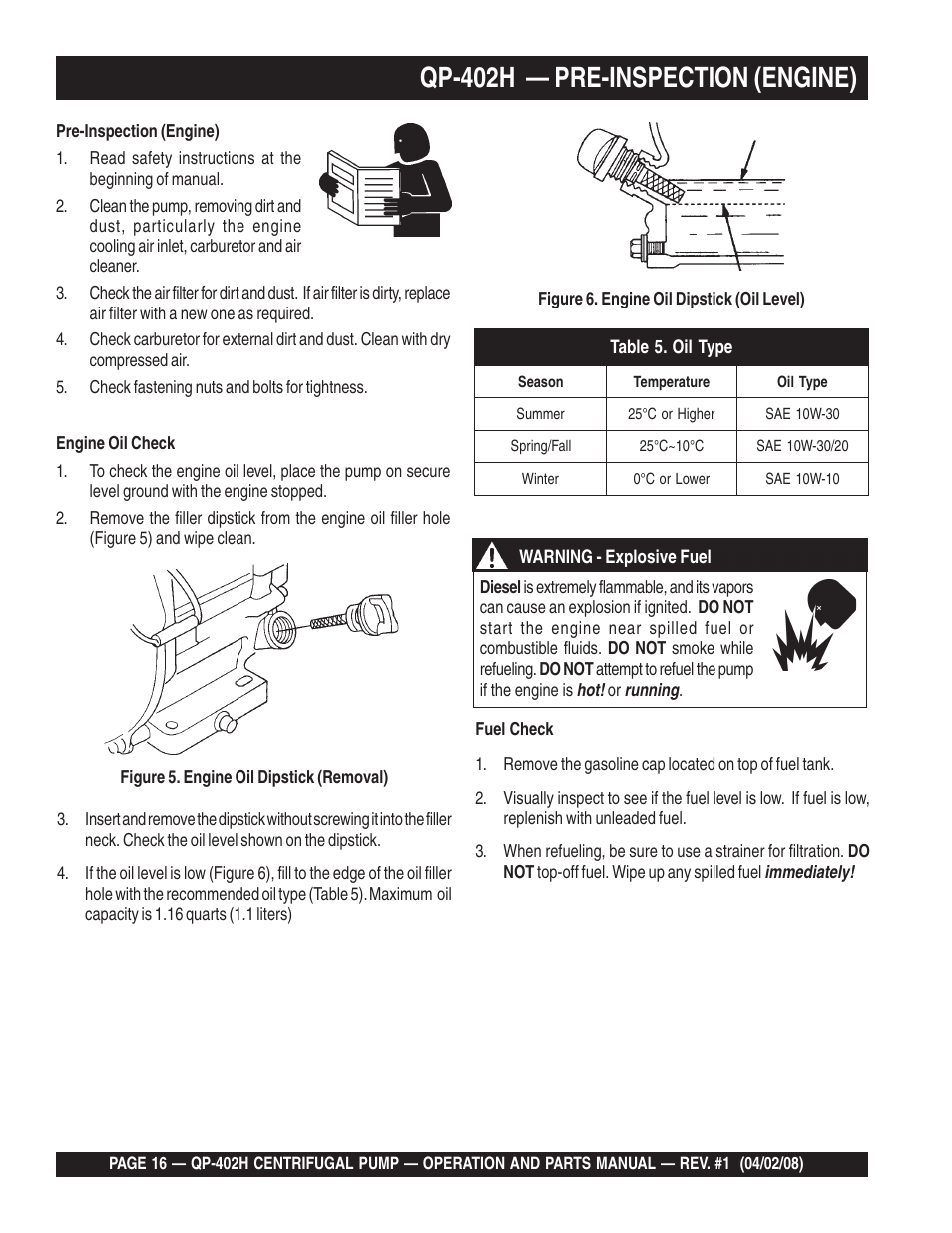 Qp-402h — pre-inspection (engine) | Multiquip MQ Multiquip Centrifugal Pump qp-402h User Manual | Page 16 / 70