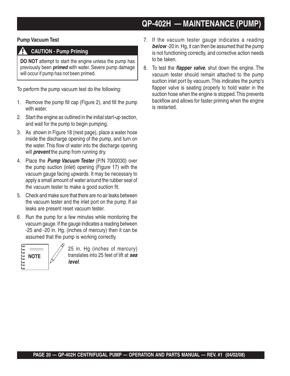 Qp-402h — maintenance (pump) | Multiquip MQ Multiquip Centrifugal Pump qp-402h User Manual | Page 20 / 70