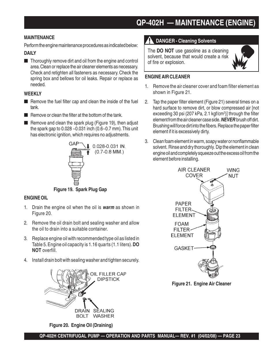Qp-402h — maintenance (engine) | Multiquip MQ Multiquip Centrifugal Pump qp-402h User Manual | Page 23 / 70