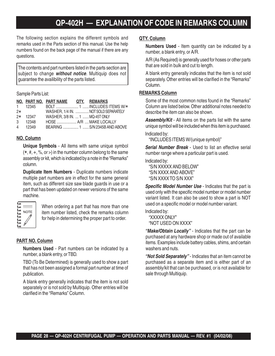 Qp-402h — explanation of code in remarks column | Multiquip MQ Multiquip Centrifugal Pump qp-402h User Manual | Page 28 / 70