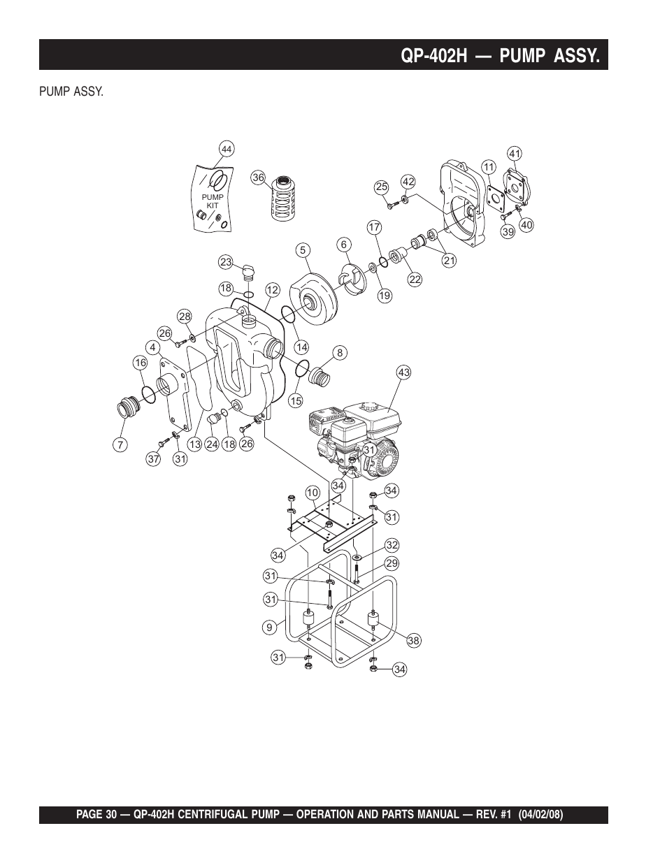 Qp-402h — pump assy, Pump assy | Multiquip MQ Multiquip Centrifugal Pump qp-402h User Manual | Page 30 / 70