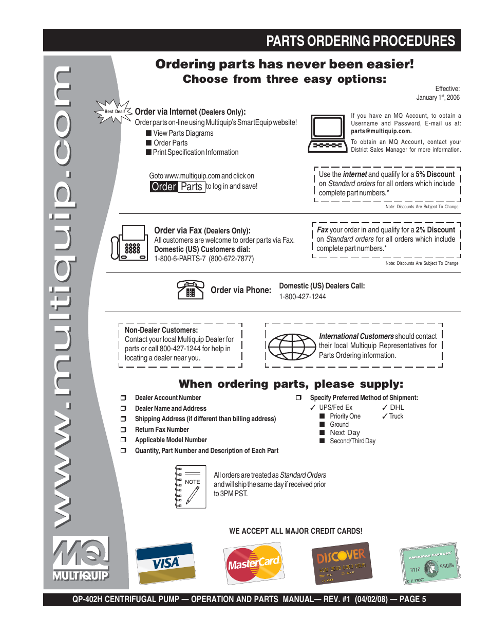 Parts ordering procedures, Ordering parts has never been easier, Choose from three easy options | When ordering parts, please supply, Order parts | Multiquip MQ Multiquip Centrifugal Pump qp-402h User Manual | Page 5 / 70