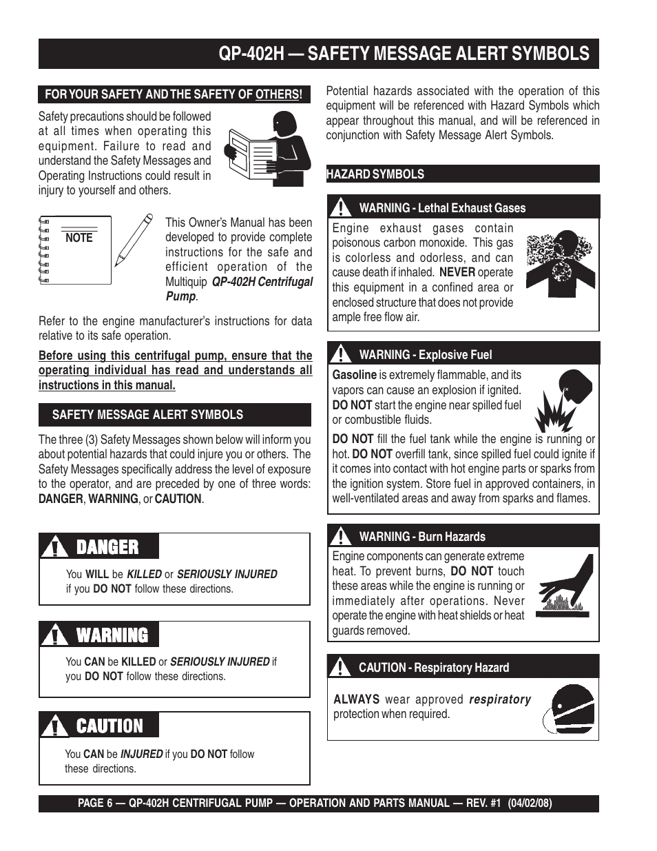 Qp-402h — safety message alert symbols, Danger, Warning | Cauti, Cauti caution | Multiquip MQ Multiquip Centrifugal Pump qp-402h User Manual | Page 6 / 70