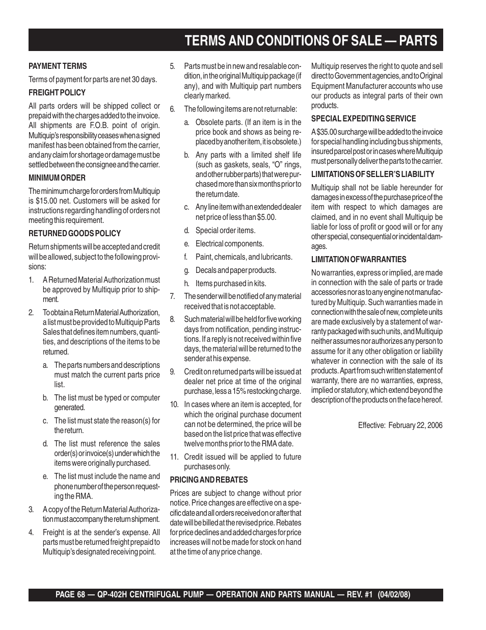 Terms and conditions of sale — parts | Multiquip MQ Multiquip Centrifugal Pump qp-402h User Manual | Page 68 / 70