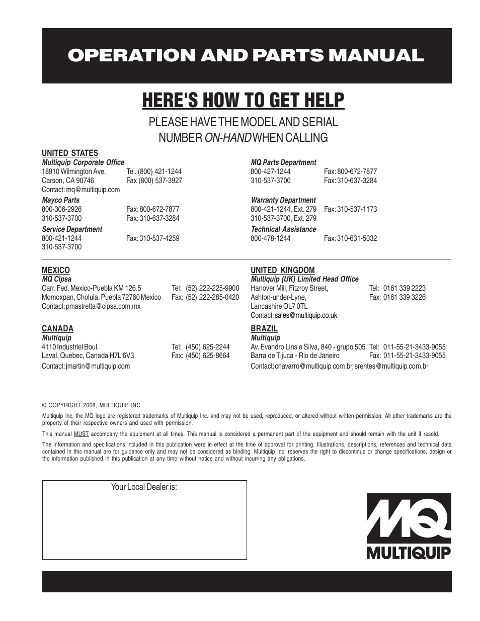 Here's how to get help, Operation and parts manual, On-hand | Please have the model and serial number, When calling | Multiquip MQ Multiquip Centrifugal Pump qp-402h User Manual | Page 70 / 70