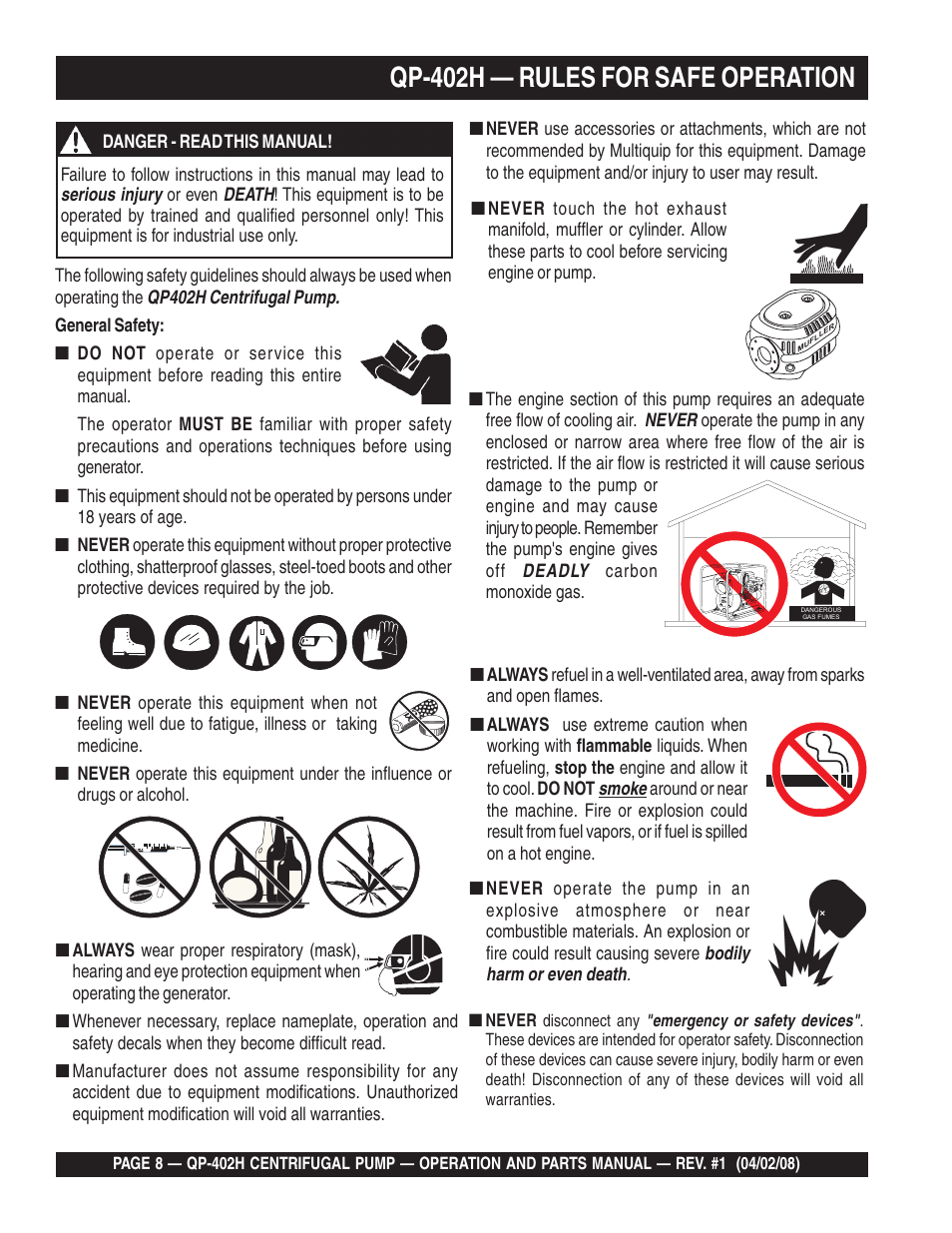 Qp-402h — rules for safe operation | Multiquip MQ Multiquip Centrifugal Pump qp-402h User Manual | Page 8 / 70