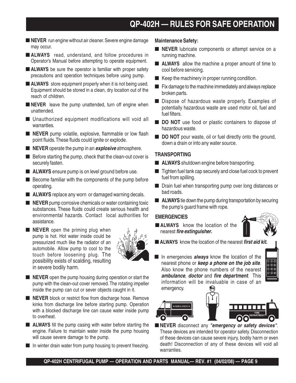 Qp-402h — rules for safe operation | Multiquip MQ Multiquip Centrifugal Pump qp-402h User Manual | Page 9 / 70