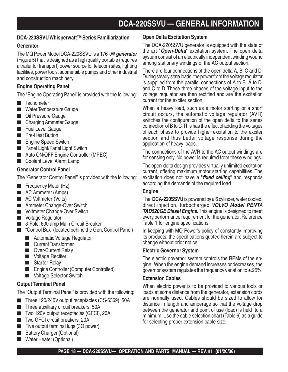 Dca-220ssvu — general information | Multiquip MQ Power Whisperwatt 60 Hz Generator DCA-220SSVU User Manual | Page 18 / 86
