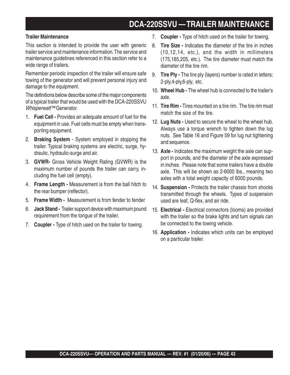 1dca-220ssvu — trailer maintenance | Multiquip MQ Power Whisperwatt 60 Hz Generator DCA-220SSVU User Manual | Page 43 / 86