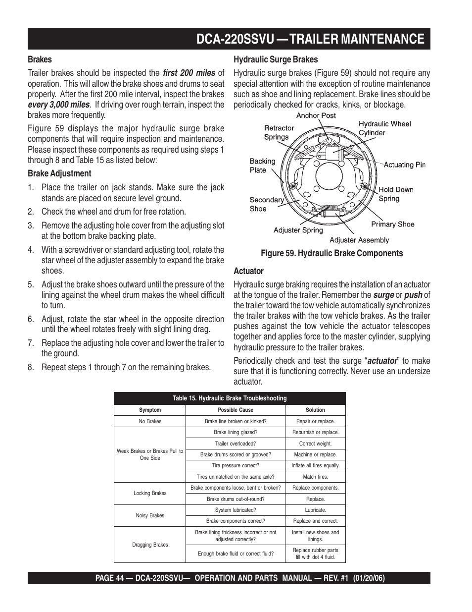 Dca-220ssvu — trailer maintenance | Multiquip MQ Power Whisperwatt 60 Hz Generator DCA-220SSVU User Manual | Page 44 / 86