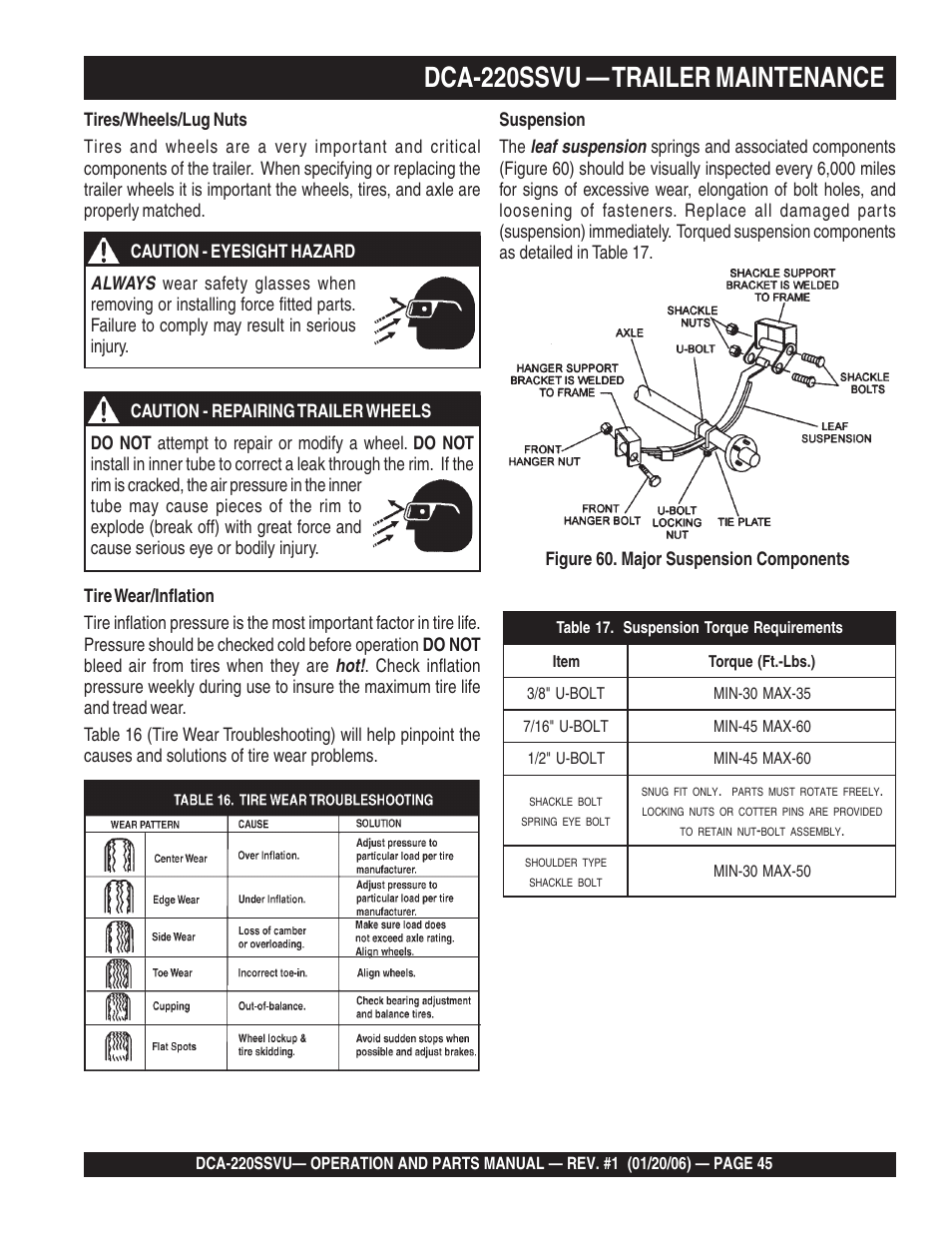 Dca-220ssvu — trailer maintenance | Multiquip MQ Power Whisperwatt 60 Hz Generator DCA-220SSVU User Manual | Page 45 / 86