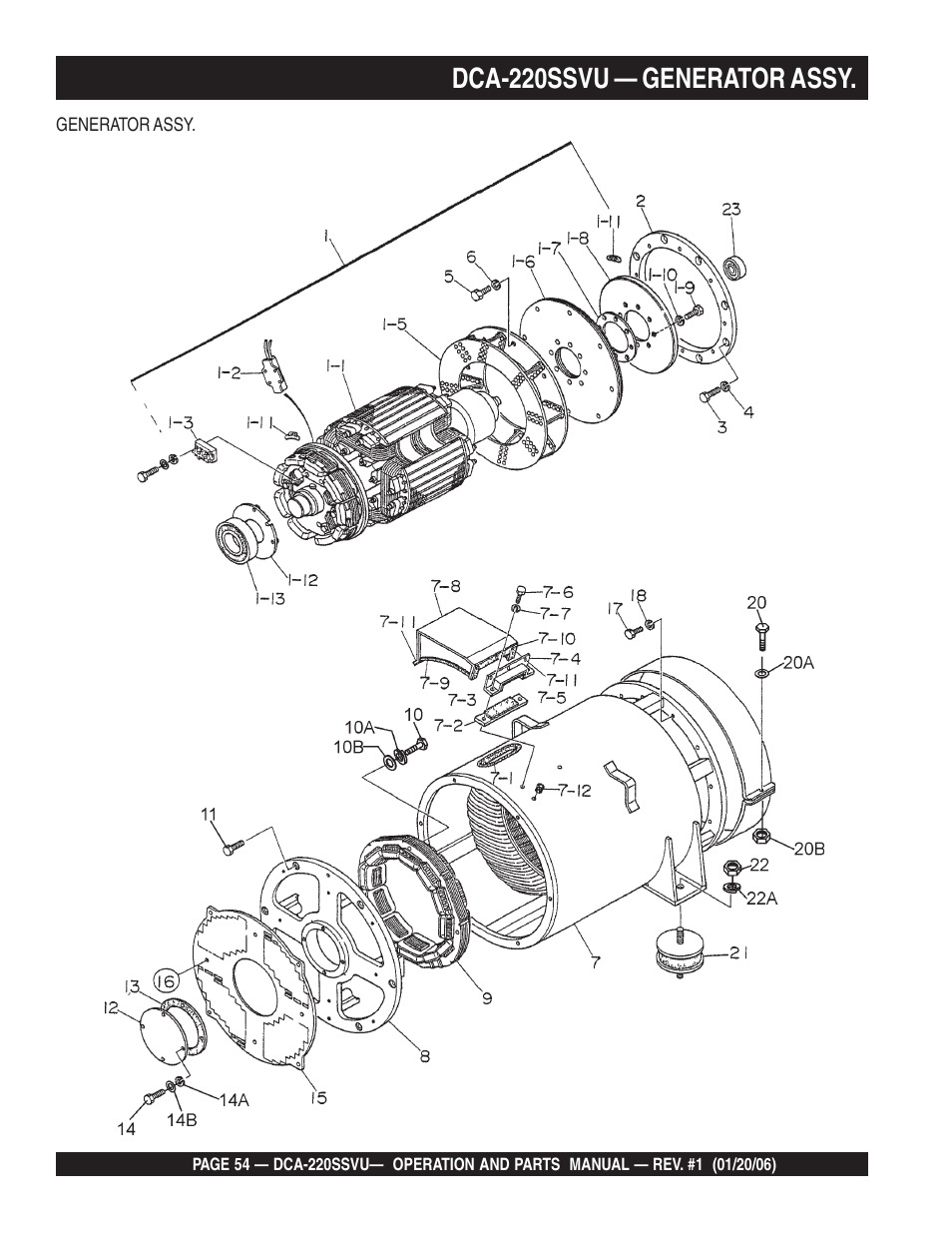 Dca-220ssvu — generator assy | Multiquip MQ Power Whisperwatt 60 Hz Generator DCA-220SSVU User Manual | Page 54 / 86