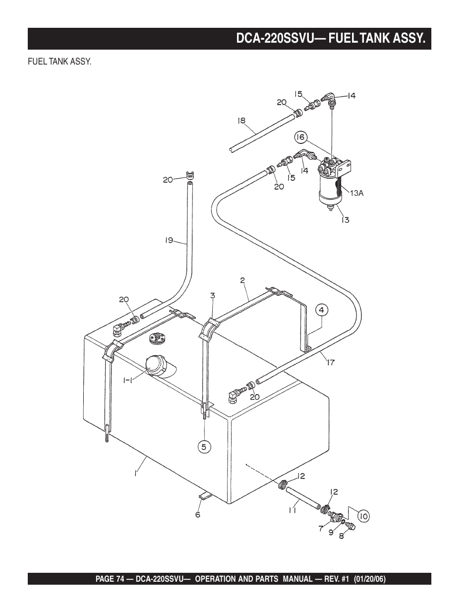 Dca-220ssvu— fuel tank assy | Multiquip MQ Power Whisperwatt 60 Hz Generator DCA-220SSVU User Manual | Page 74 / 86