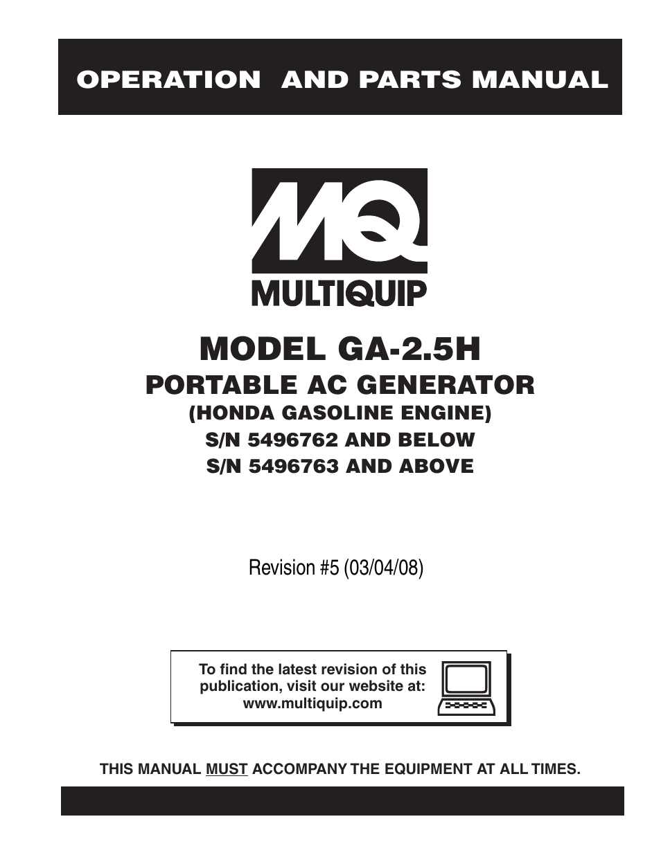 Multiquip Portable AC Generator GA-2.5H User Manual | 80 pages