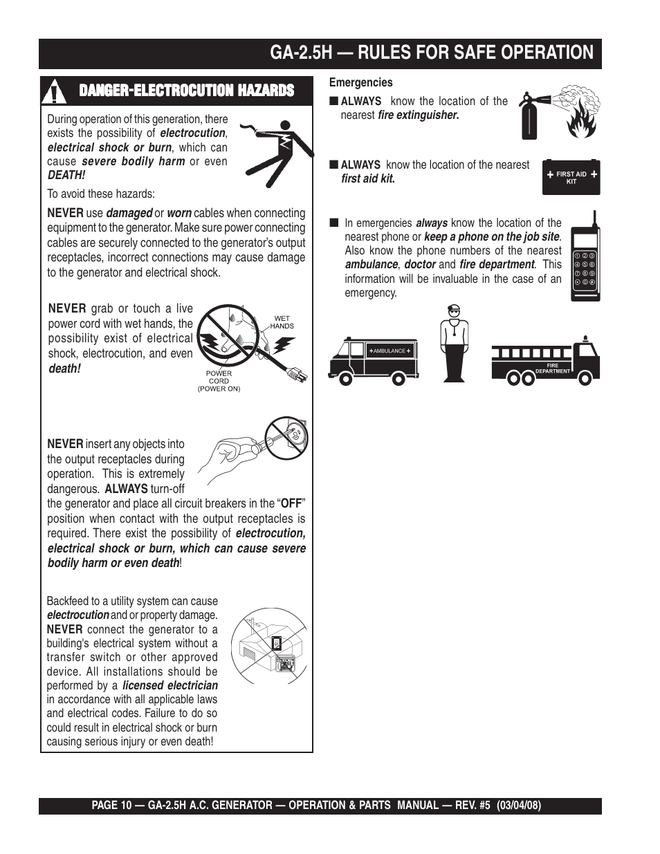 Ga-2.5h — rules for safe operation | Multiquip Portable AC Generator GA-2.5H User Manual | Page 10 / 80