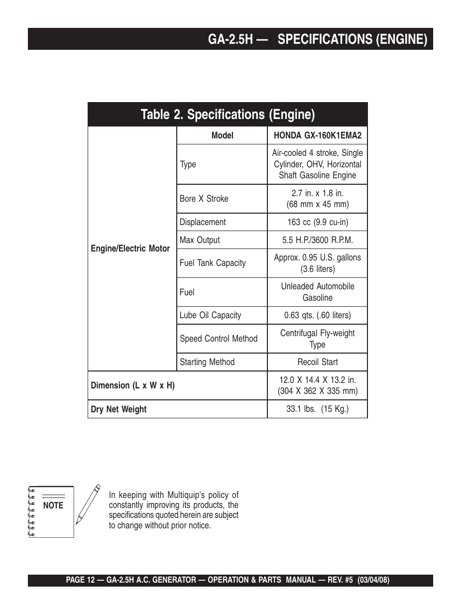 Ga-2.5h — specifications (engine) | Multiquip Portable AC Generator GA-2.5H User Manual | Page 12 / 80