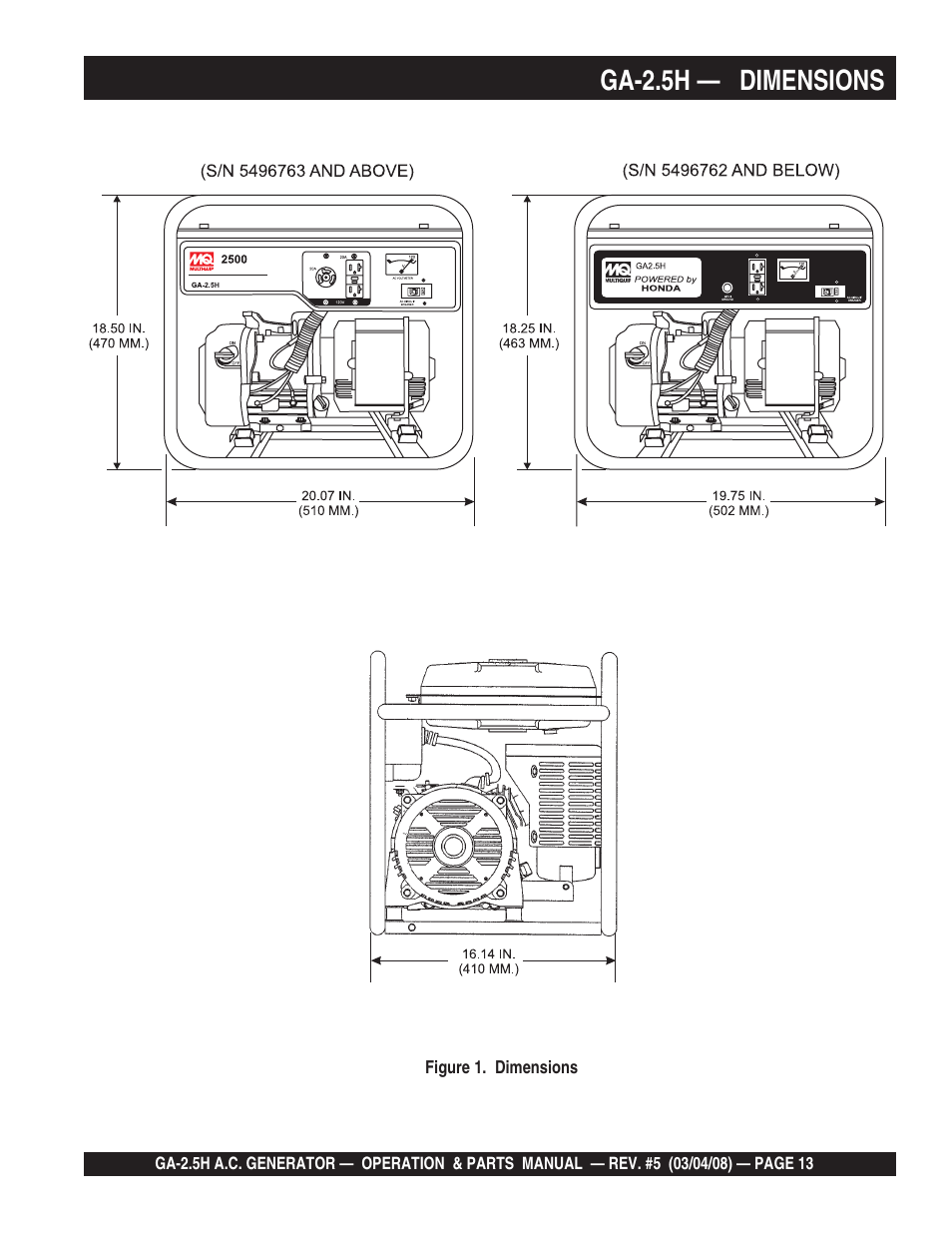 Ga-2.5h — dimensions | Multiquip Portable AC Generator GA-2.5H User Manual | Page 13 / 80