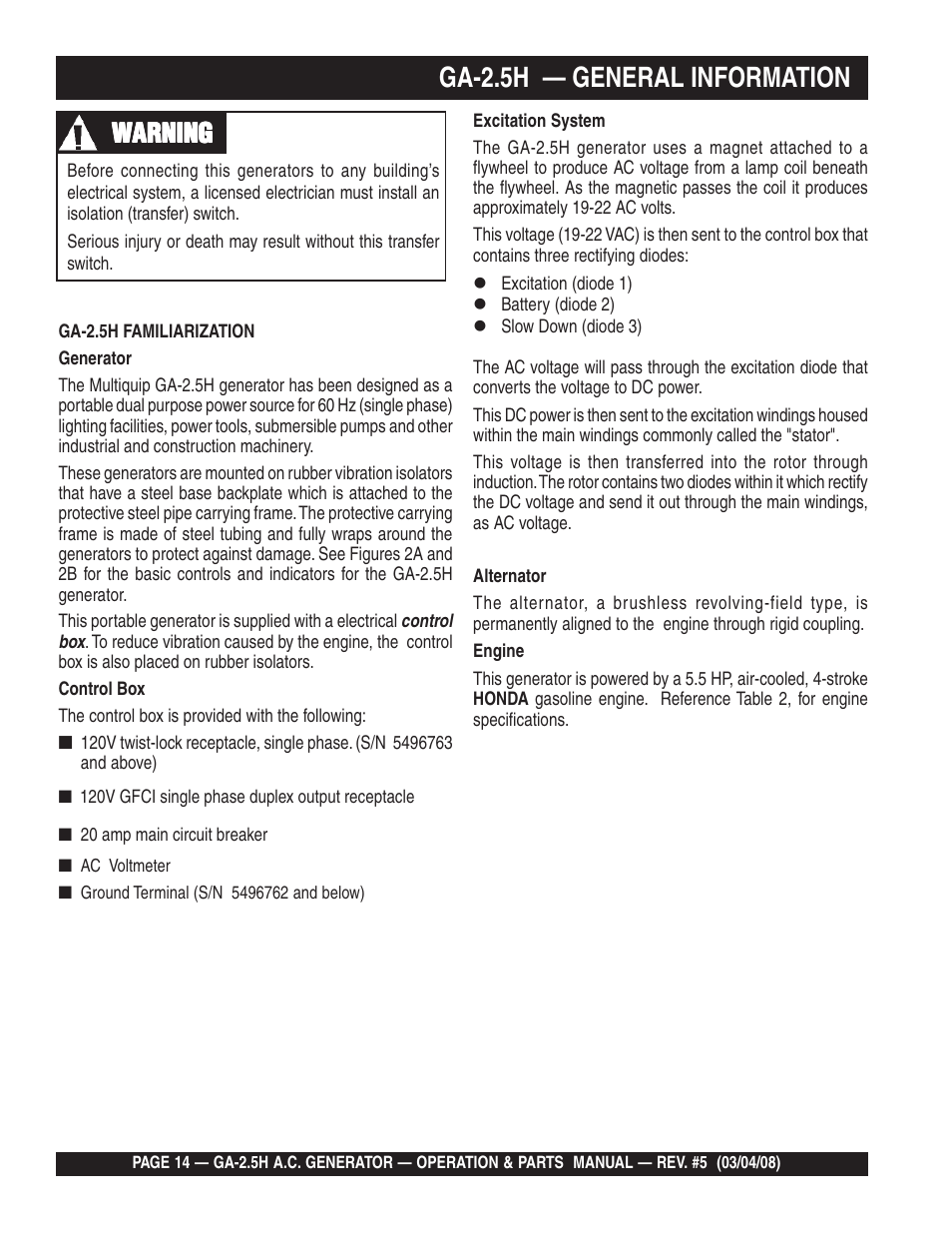 Ga-2.5h — general information, Wwarning arning arning arning arning | Multiquip Portable AC Generator GA-2.5H User Manual | Page 14 / 80