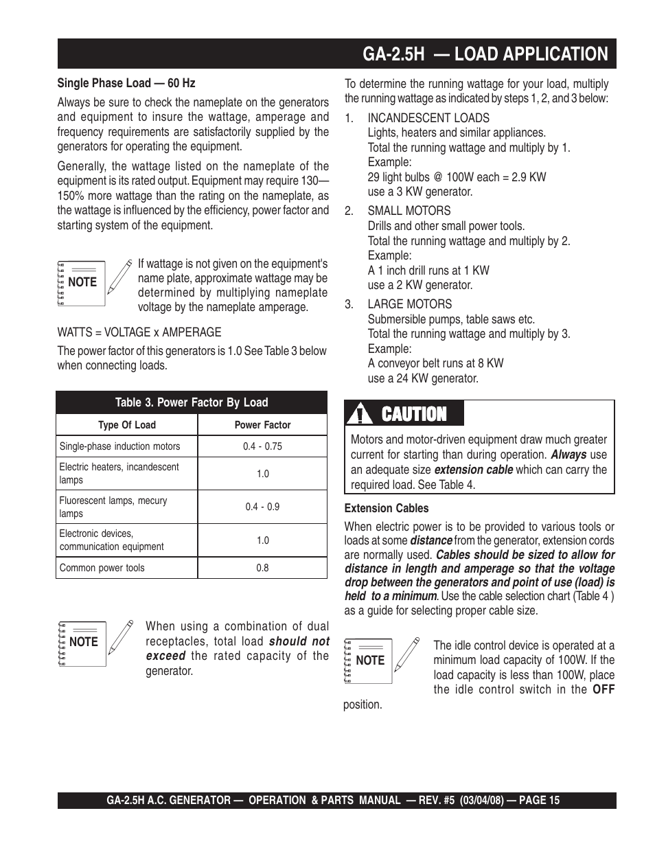 Ga-2.5h — load application, Caution | Multiquip Portable AC Generator GA-2.5H User Manual | Page 15 / 80