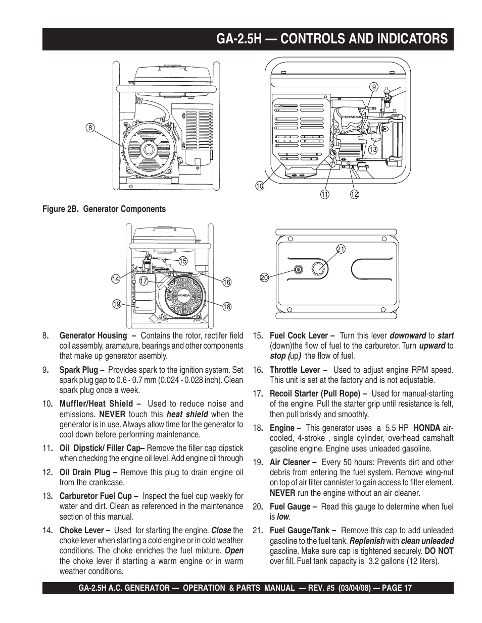 Ga-2.5h — controls and indicators | Multiquip Portable AC Generator GA-2.5H User Manual | Page 17 / 80