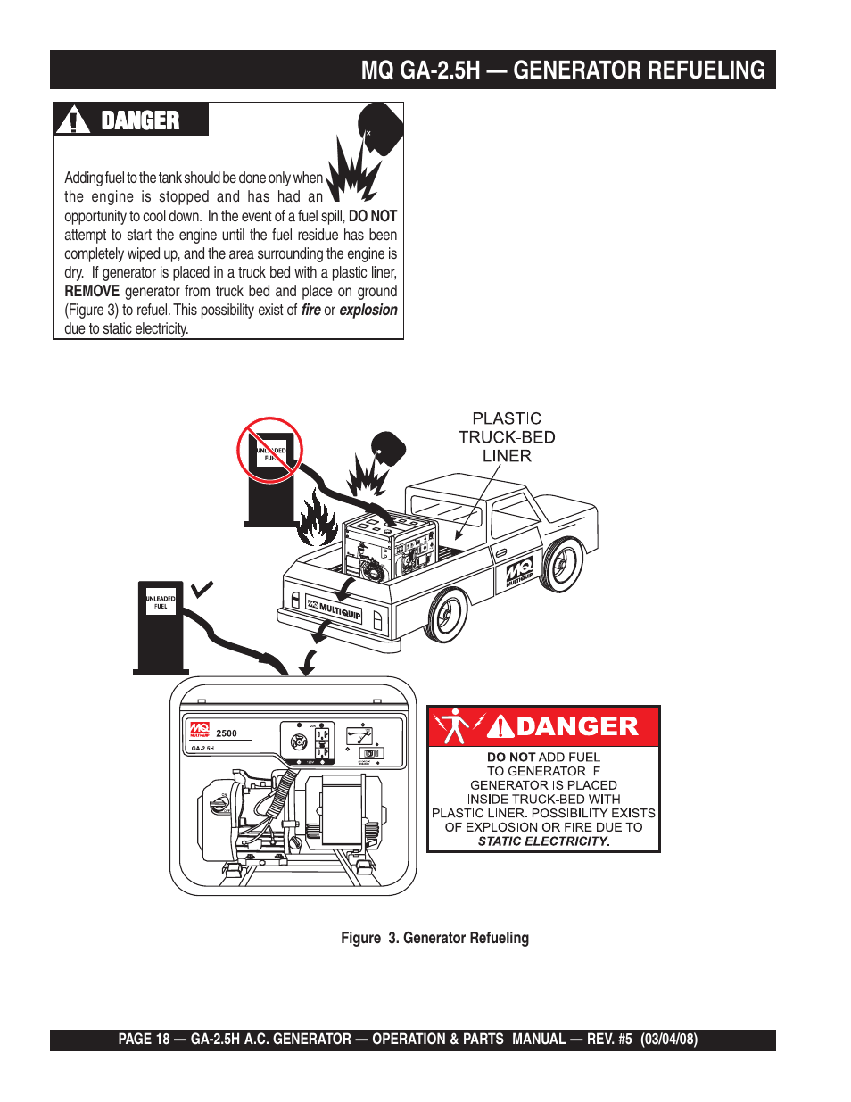 Mq ga-2.5h — generator refueling, Danger | Multiquip Portable AC Generator GA-2.5H User Manual | Page 18 / 80