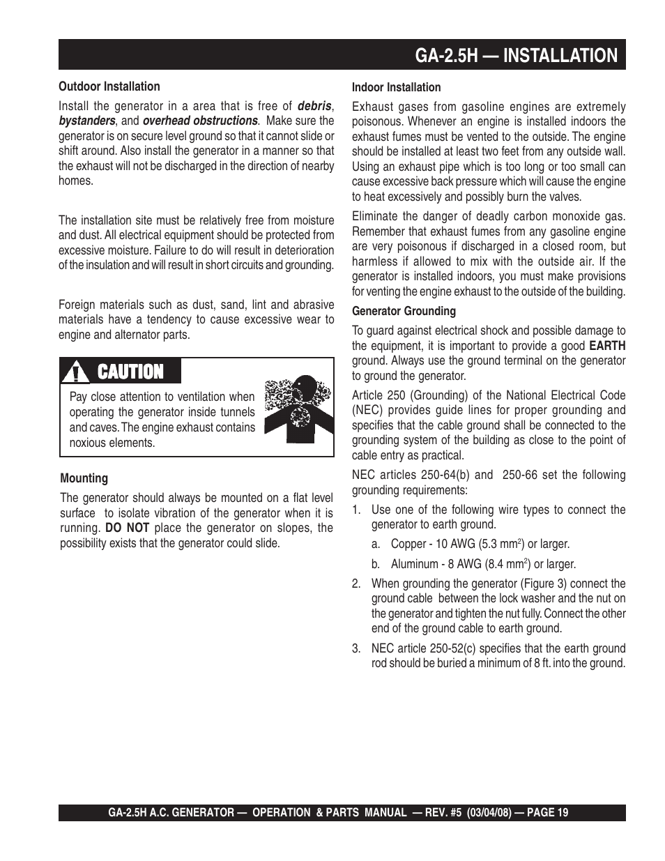 Ga-2.5h — installation, Caution | Multiquip Portable AC Generator GA-2.5H User Manual | Page 19 / 80