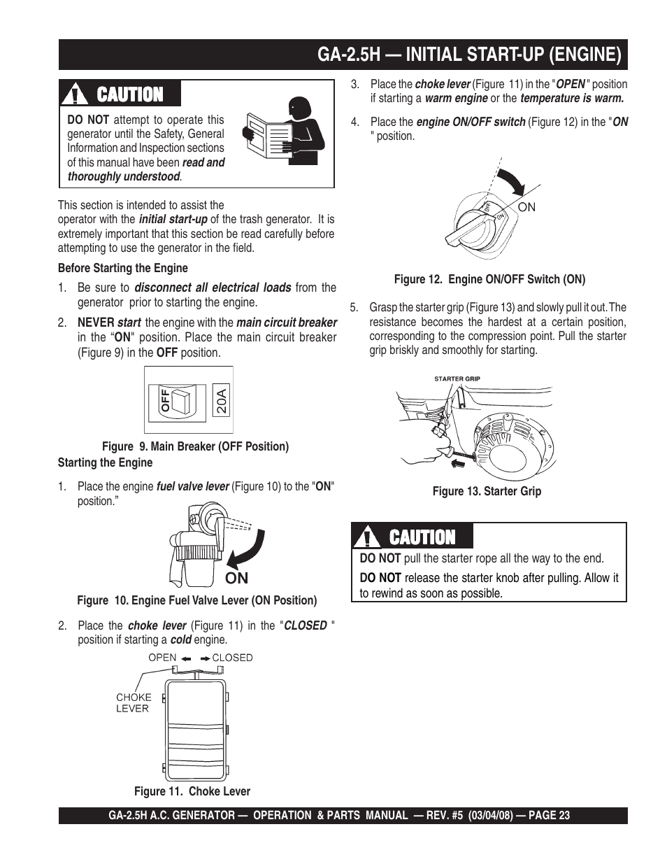Ga-2.5h — initial start-up (engine), Caution | Multiquip Portable AC Generator GA-2.5H User Manual | Page 23 / 80