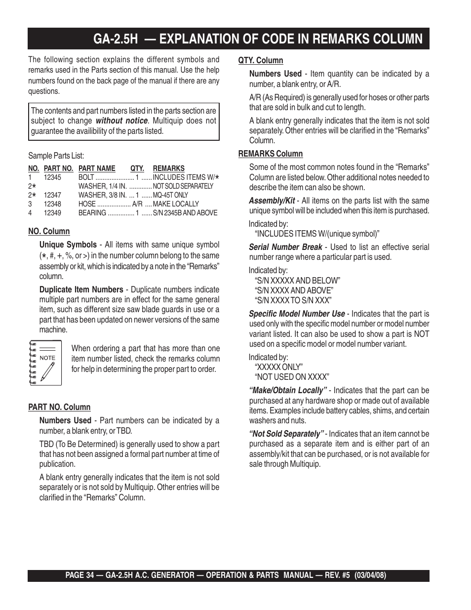 Ga-2.5h — explanation of code in remarks column | Multiquip Portable AC Generator GA-2.5H User Manual | Page 34 / 80