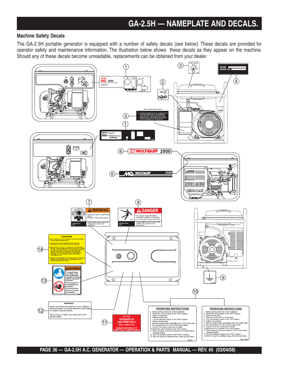 Ga-2.5h — nameplate and decals | Multiquip Portable AC Generator GA-2.5H User Manual | Page 36 / 80