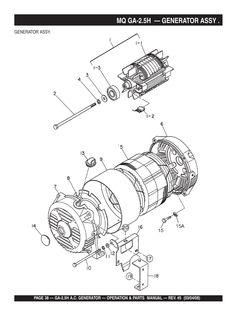 Mq ga-2.5h — generator assy | Multiquip Portable AC Generator GA-2.5H User Manual | Page 38 / 80