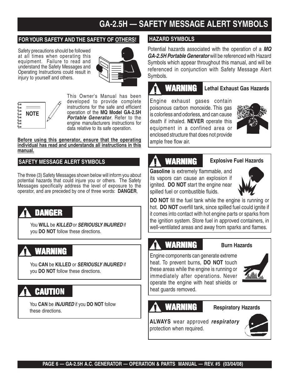 Ga-2.5h — safety message alert symbols | Multiquip Portable AC Generator GA-2.5H User Manual | Page 6 / 80