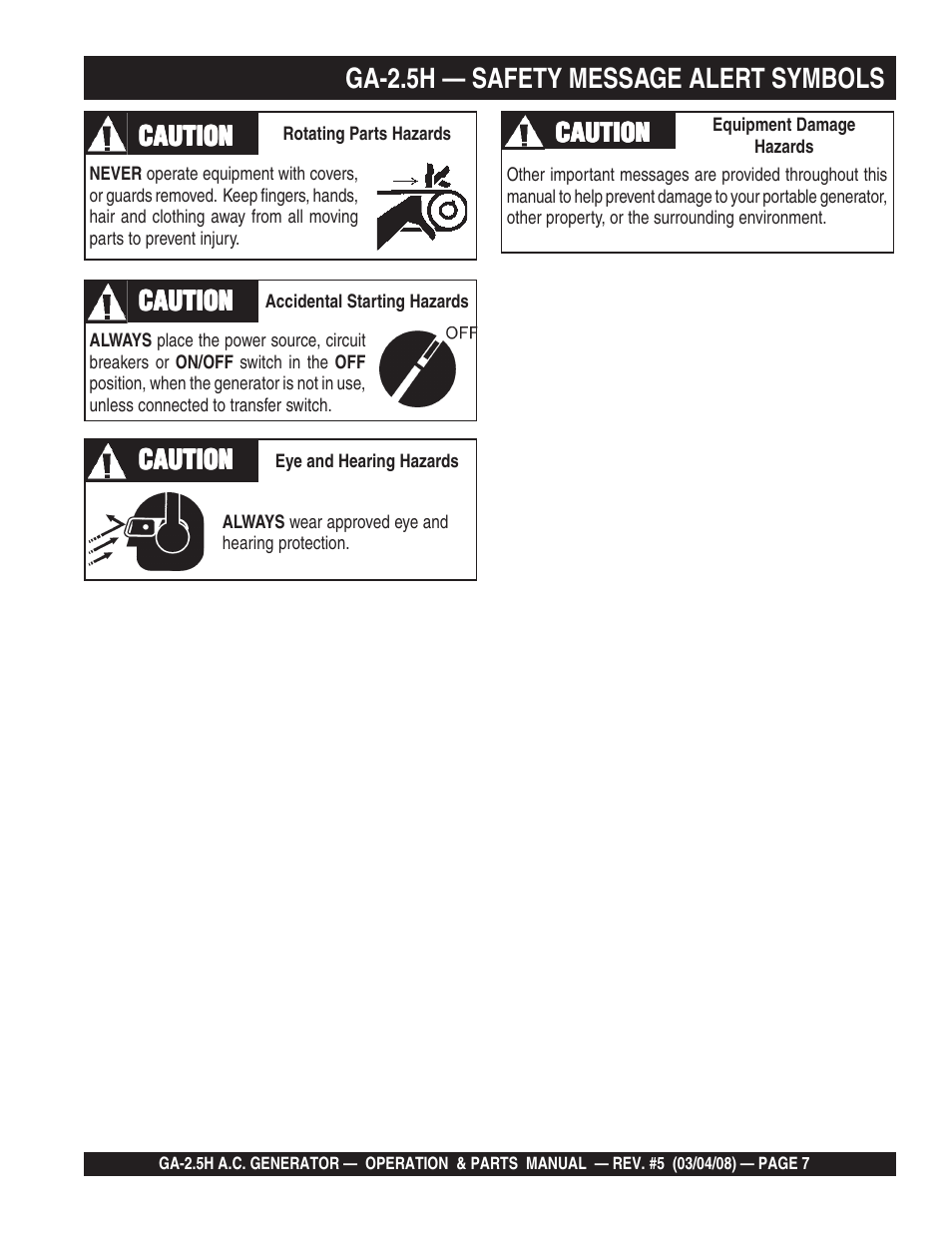 Ga-2.5h — safety message alert symbols | Multiquip Portable AC Generator GA-2.5H User Manual | Page 7 / 80