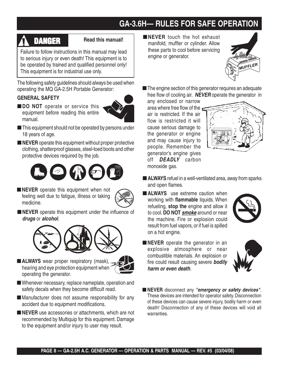 Ga-3.6h— rules for safe operation, Danger | Multiquip Portable AC Generator GA-2.5H User Manual | Page 8 / 80