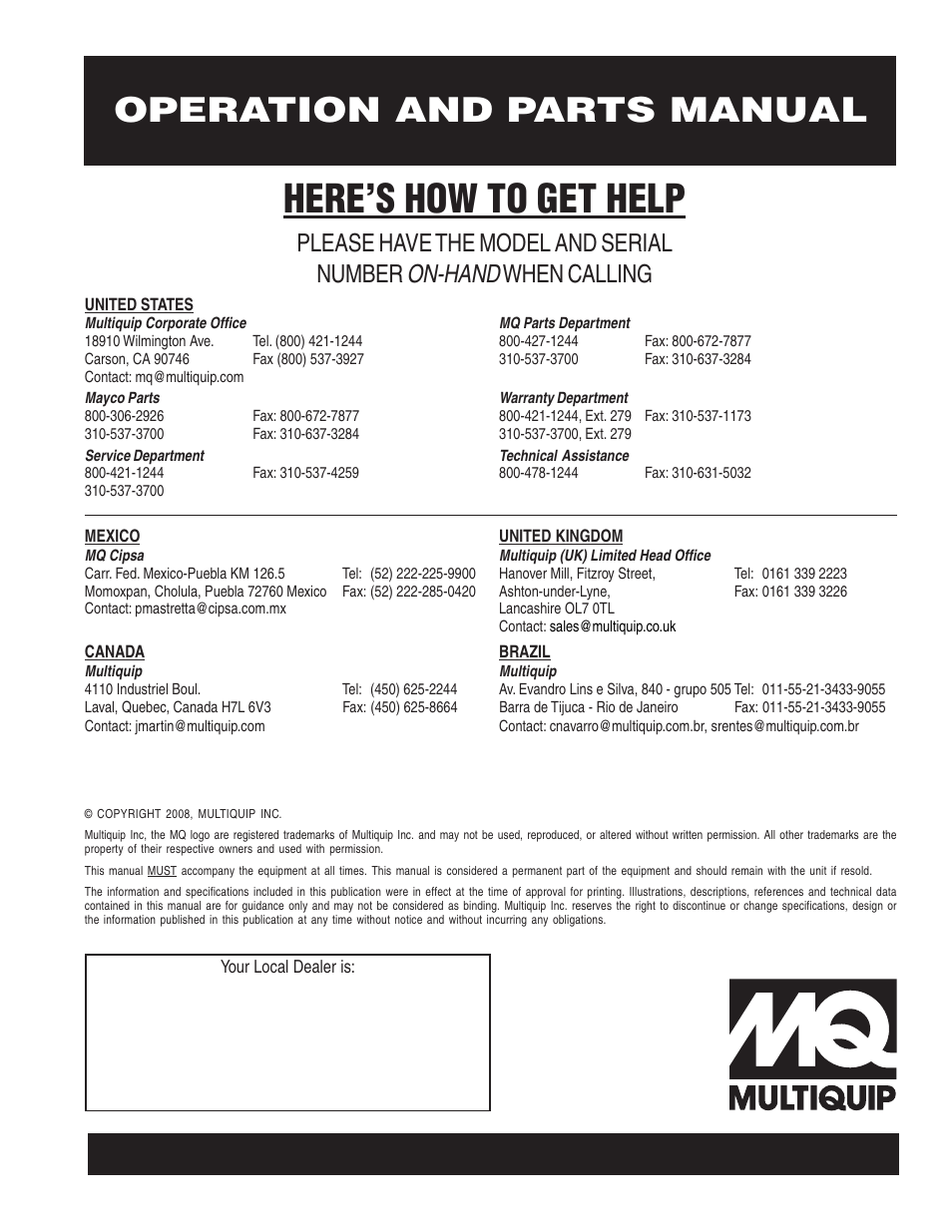 Here’s how to get help, Operation and parts manual, On-hand | Please have the model and serial number, When calling | Multiquip Portable AC Generator GA-2.5H User Manual | Page 80 / 80