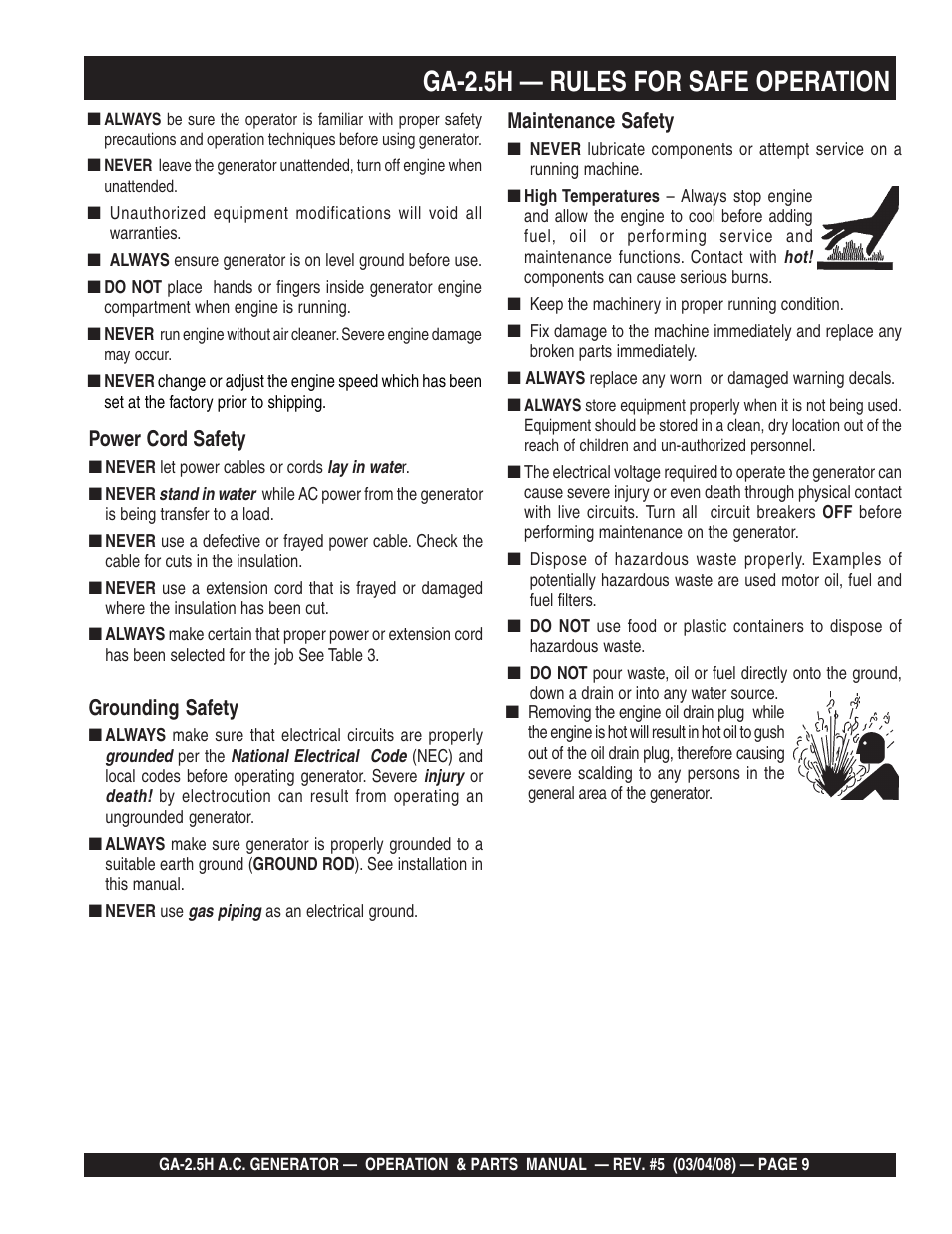 Ga-2.5h — rules for safe operation, Power cord safety, Grounding safety | Maintenance safety | Multiquip Portable AC Generator GA-2.5H User Manual | Page 9 / 80
