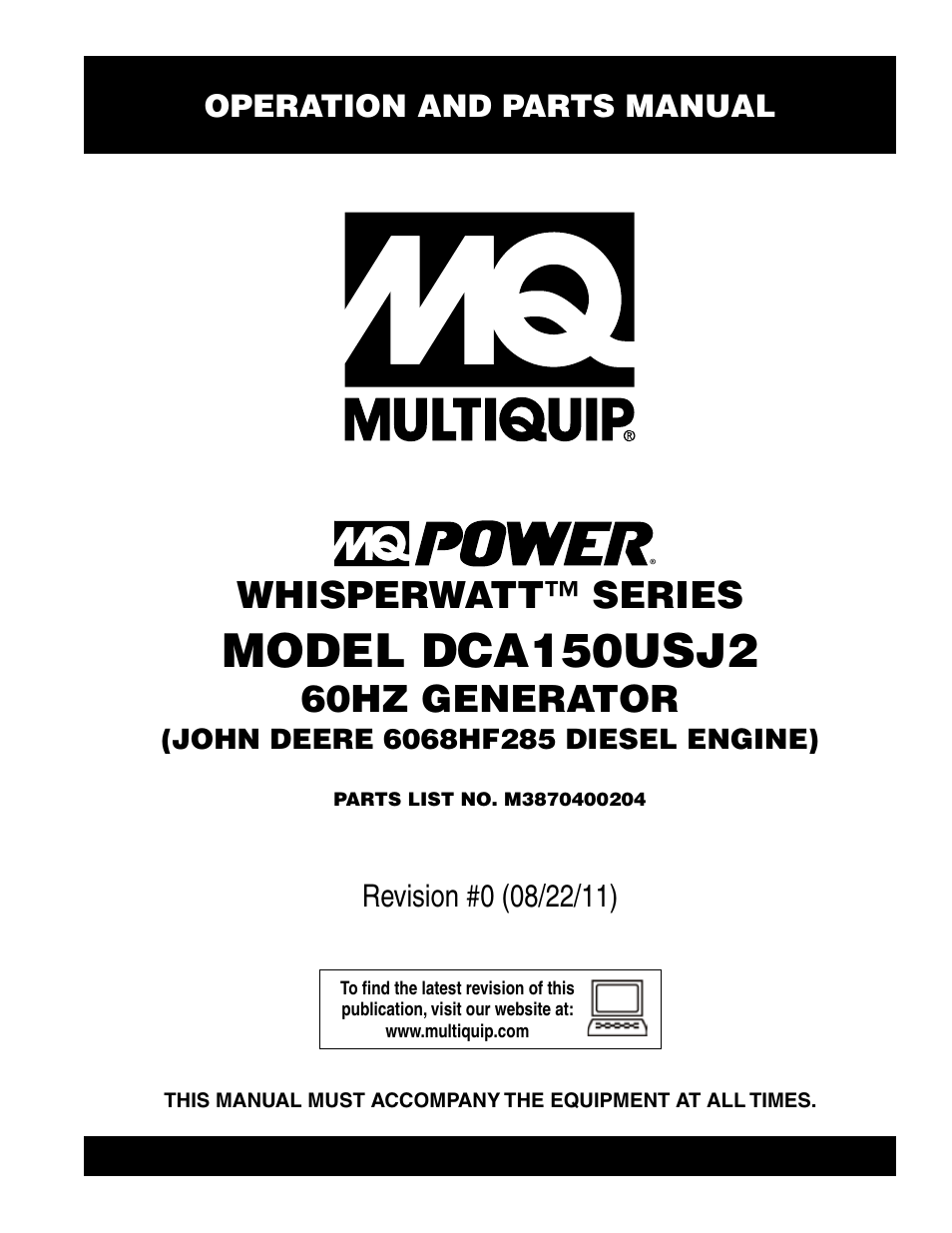 Multiquip MQ Power Whisperwatt 60HZ Generator DCA150USJ2 User Manual | 102 pages