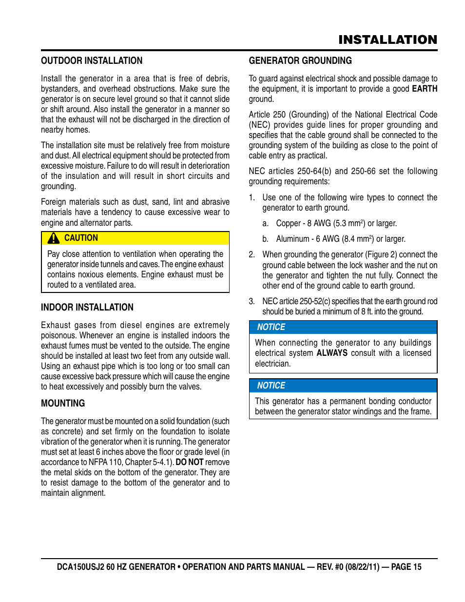 Installation | Multiquip MQ Power Whisperwatt 60HZ Generator DCA150USJ2 User Manual | Page 15 / 102