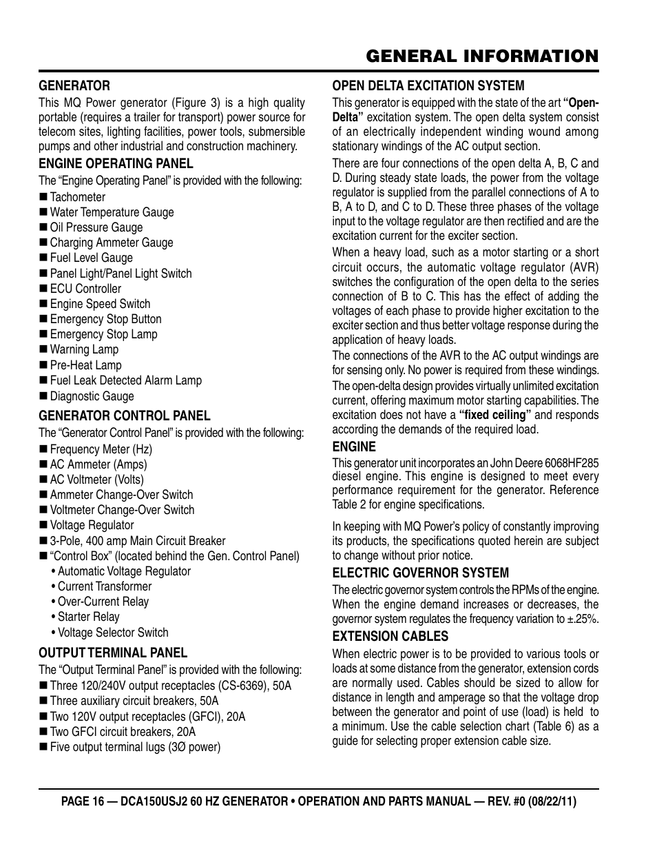 General information | Multiquip MQ Power Whisperwatt 60HZ Generator DCA150USJ2 User Manual | Page 16 / 102