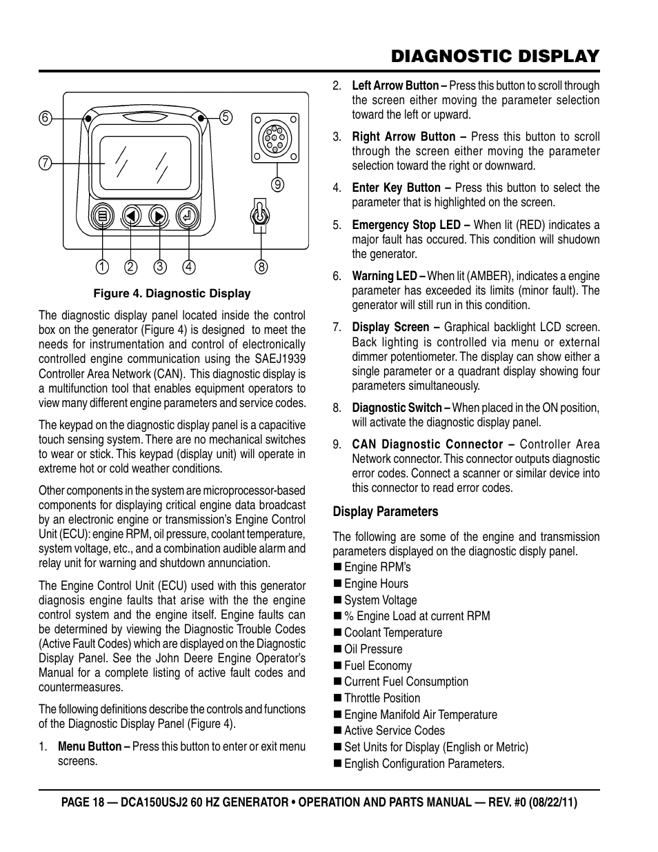 Diagnostic display | Multiquip MQ Power Whisperwatt 60HZ Generator DCA150USJ2 User Manual | Page 18 / 102