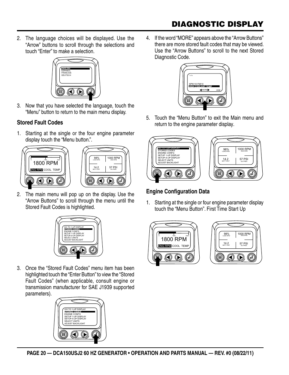 Diagnostic display, Stored fault codes, Engine configuration data | 1800 rpm | Multiquip MQ Power Whisperwatt 60HZ Generator DCA150USJ2 User Manual | Page 20 / 102