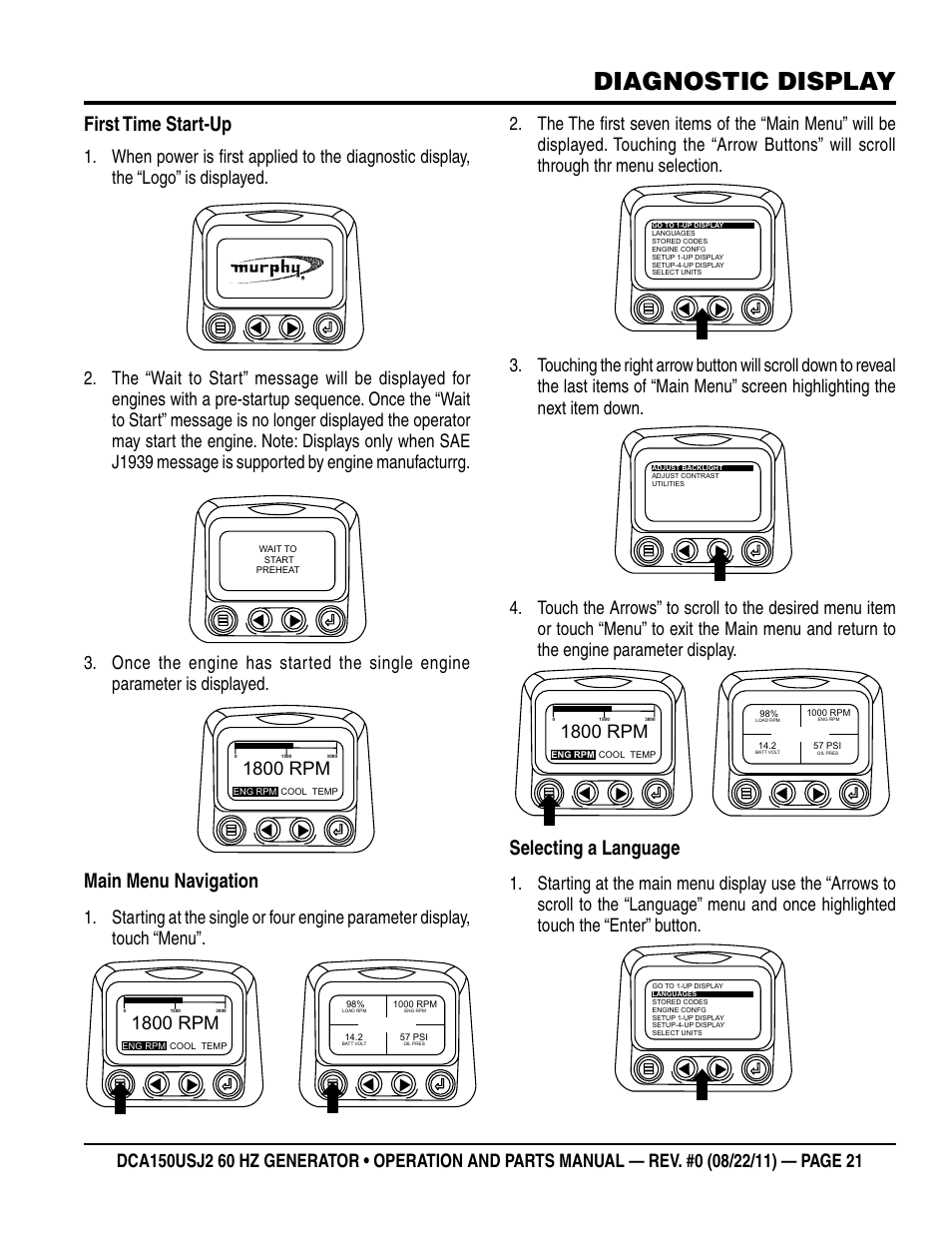 Diagnostic display, First time start-up, Main menu navigation | Selecting a language, 1800 rpm | Multiquip MQ Power Whisperwatt 60HZ Generator DCA150USJ2 User Manual | Page 21 / 102