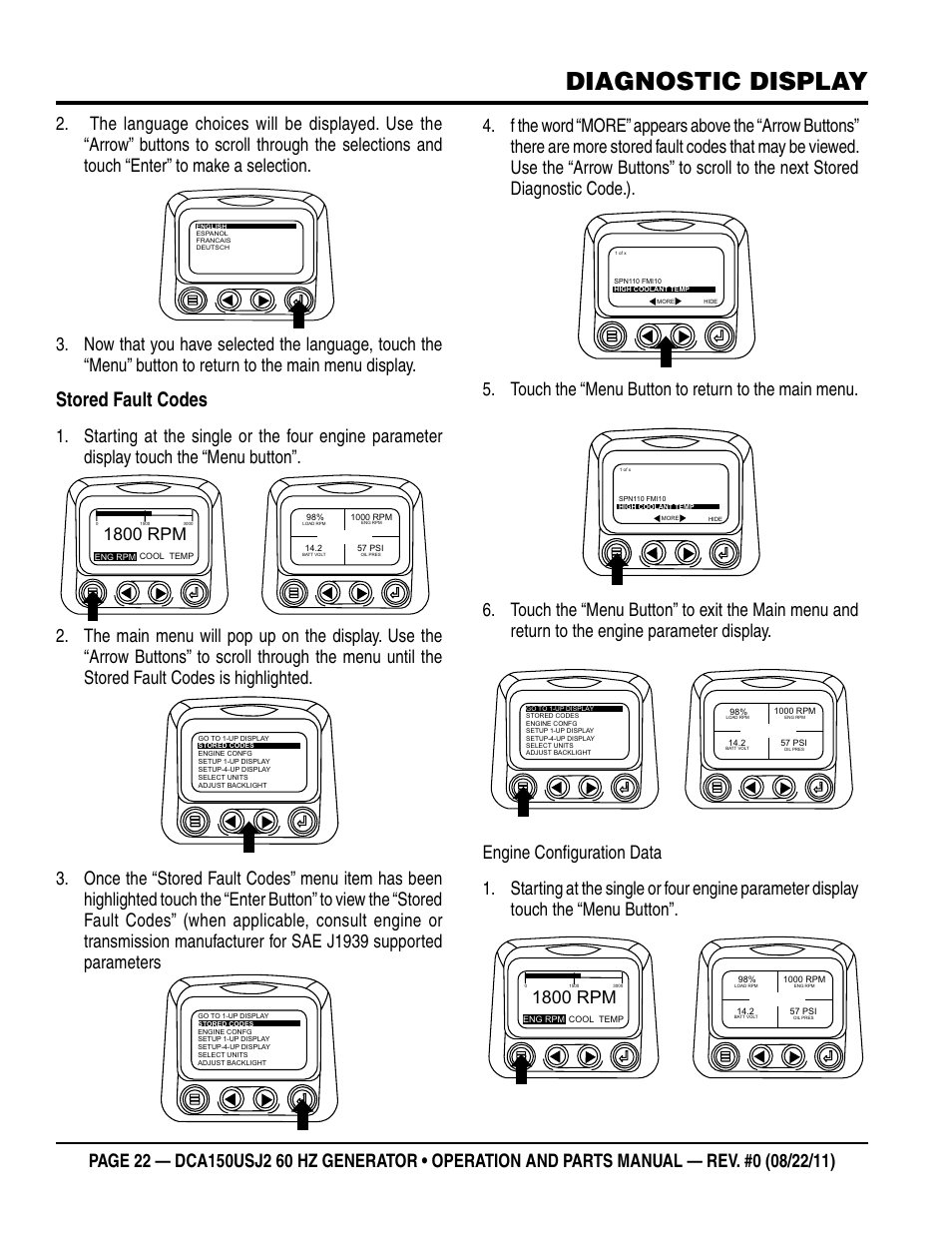 Diagnostic display, Stored fault codes, 1800 rpm | Multiquip MQ Power Whisperwatt 60HZ Generator DCA150USJ2 User Manual | Page 22 / 102