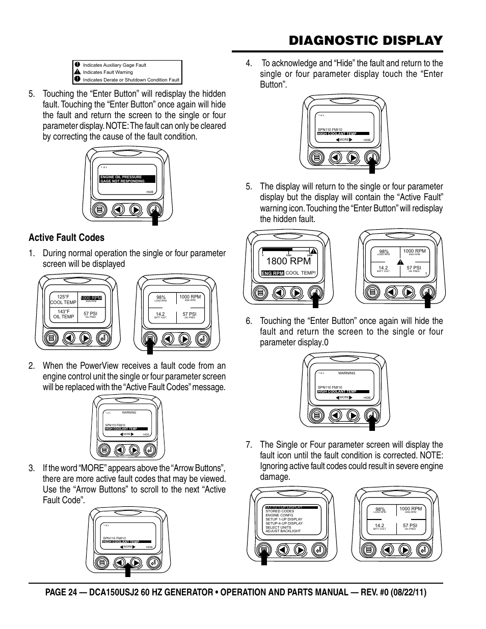 Diagnostic display, Active fault codes, 1800 rpm | Multiquip MQ Power Whisperwatt 60HZ Generator DCA150USJ2 User Manual | Page 24 / 102