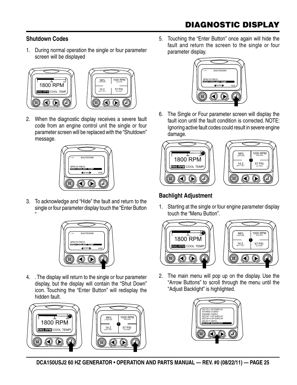 Diagnostic display, Shutdown codes, Bachlight adjustment | 1800 rpm | Multiquip MQ Power Whisperwatt 60HZ Generator DCA150USJ2 User Manual | Page 25 / 102