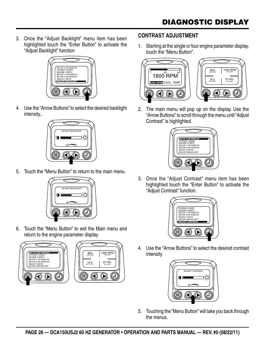 Diagnostic display, Contrast adjustment, 1800 rpm | Multiquip MQ Power Whisperwatt 60HZ Generator DCA150USJ2 User Manual | Page 26 / 102